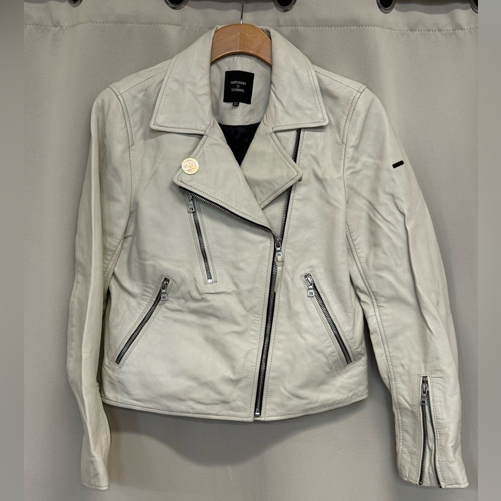 Superdry Studios Off-White Leather Biker Jacket